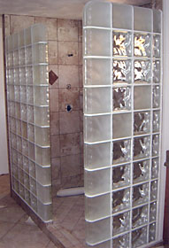 Decora pattern and sandblasted glass block shower wall.